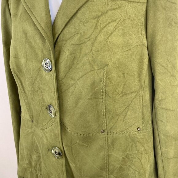 Vintage Womens Button Up Jacket Blazer Sz M OLIVE GREEN Crinkle Studded L/S - Picture 7 of 13